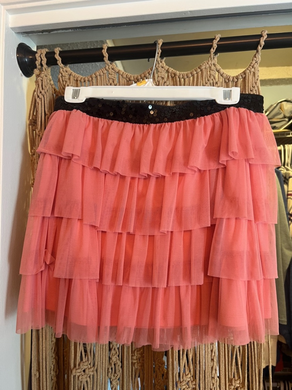 Candie's Coral Pink Tiered Tulle Skirt with Black Sequin Waistband